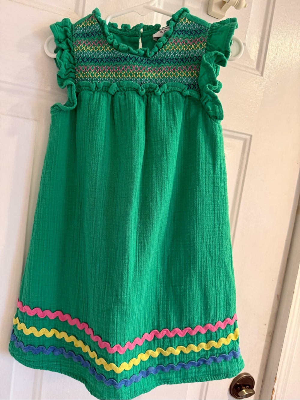 crown & ivy Green Smocked Dress with Pink Yellow Blue Trim
